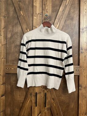 Women's Tan and Black Striped Turtleneck Sweater